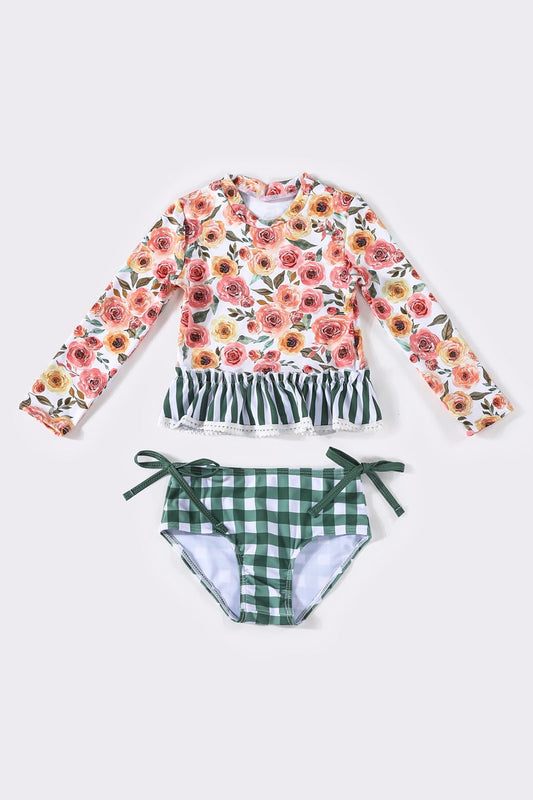 Green Floral Rash Guard Bathing Suit